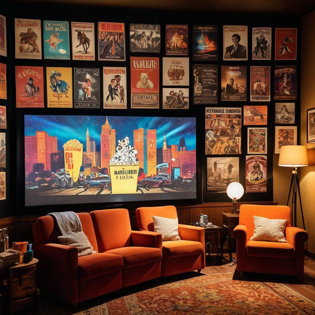 A vintage film projector casting colorful beams of light onto a large movie screen featuring iconic scenes from classic films. Surrounding the projector, a cozy room filled with plush seating, popcorn buckets, and warm, inviting decor. A collage of diverse film posters in the background showcases various genres, symbolizing the joy of cinema. super-realistic. warm colors. cozy atmosphere.