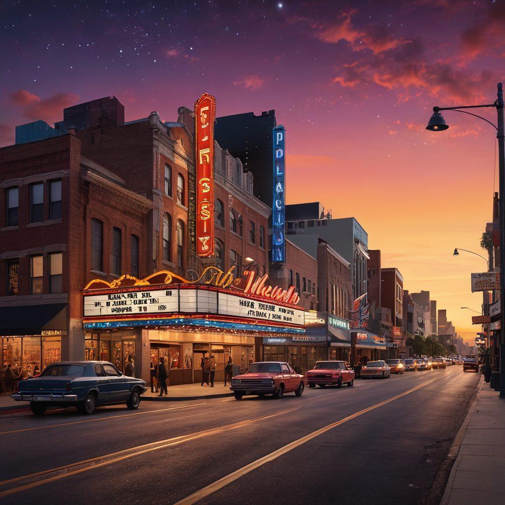 A cinematic landscape depicting a bustling city skyline with iconic movie theater marquees showcasing blockbuster hits on one side, and a cozy, intimate indie film venue on the other. Intertwined are film reels, popcorn, and awards creating a bridge that connects mainstream and independent films. The sky transitions from vibrant sunset colors to starry night. The scene conveys excitement and diversity in filmmaking. super-realistic. vibrant colors. 3D.