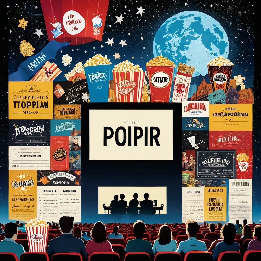 A visually compelling collage featuring a theater with a large screen showing iconic film scenes, surrounded by diverse people engaged in animated discussions. Incorporate elements like popcorn, film reels, and a backdrop of a starry night sky to evoke excitement and a sense of community. Highlight a glowing movie ticket in the foreground as a symbol of shared experiences. super-realistic. vibrant colors. dynamic composition.